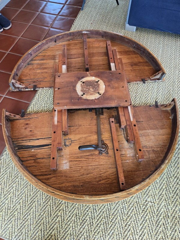 Antique Round Oak Dining Table with Pedestal Base and three 9"-wide Leaves gallery