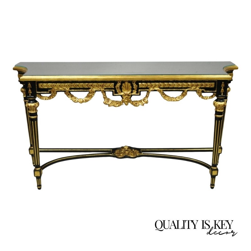 Labarge French Louis XVI Italian Black Lacquer Gold Gilt Jansen Console Table