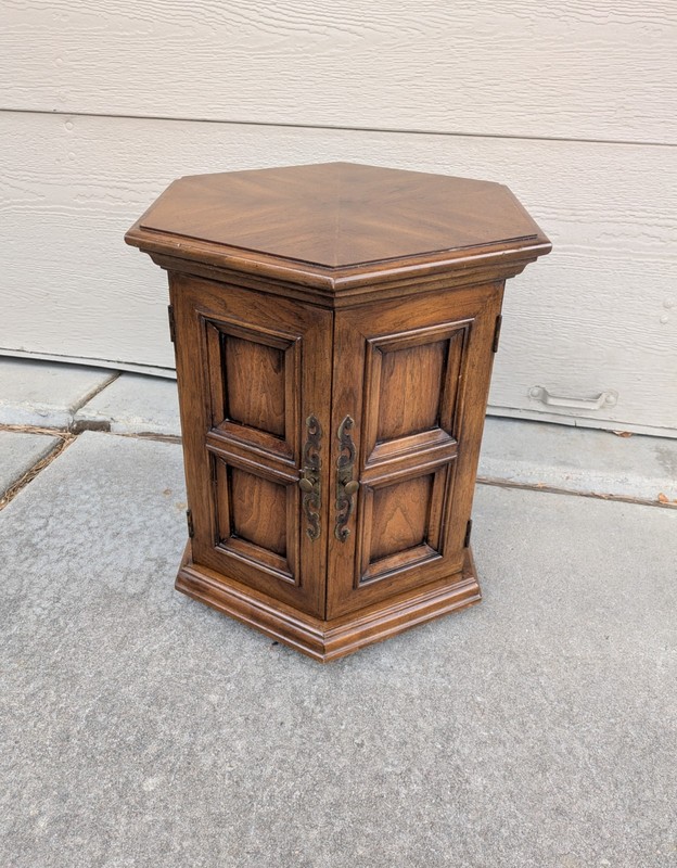 Vintage Hekman Rustic Spanish Colonial Drum Storage Cabinet Hexagon Table Doors gallery