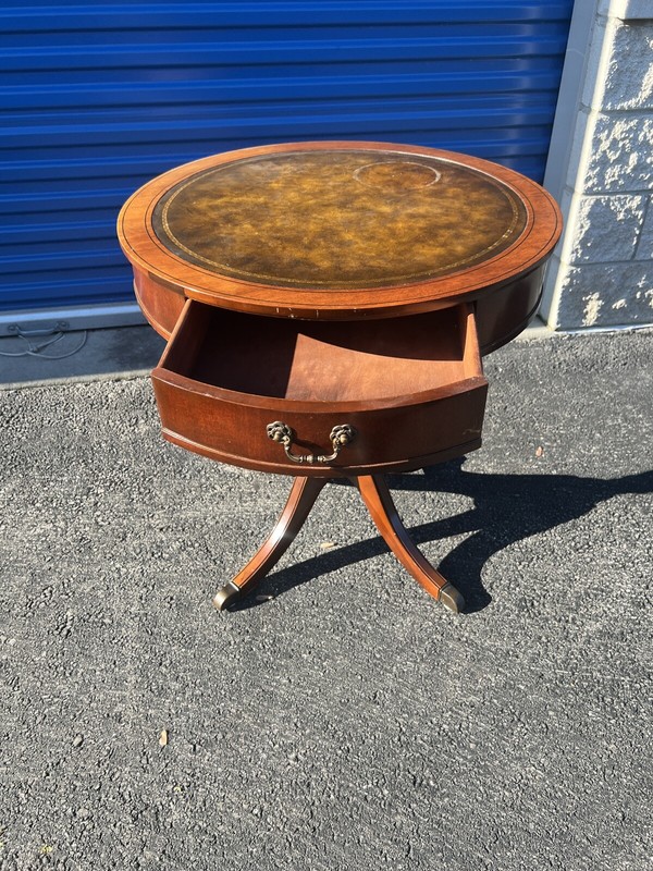 Antique Mahogany Drum Table: Leather Top, Drawer, Saber Legs Brass Paw Feet 27” gallery