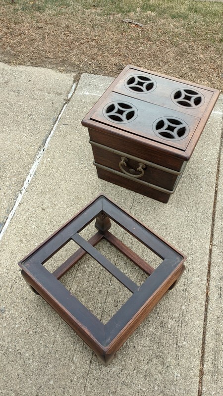 Antique Cellarette Asian Hardwood Side Table Mid Century Brass Wine Winery gallery