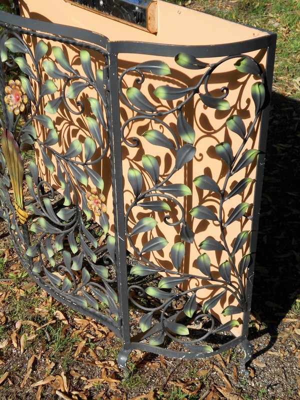 VINTAGE MID CENTURY WROUGHT IRON CONSOLE TABLE WITH URN AND FLOWER DESIGN gallery