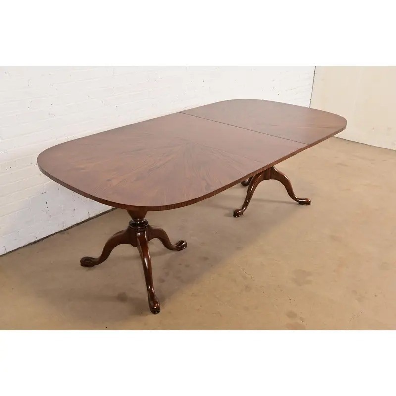 John Stuart Georgian Oak Pedestal Extension Dining Table, Newly Refinished