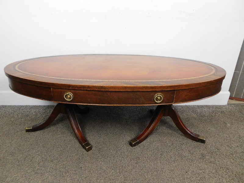 Brandt Antique 46″ W 1940s Regency MCM Mahogany Tooled Leather OVAL Coffee Table
