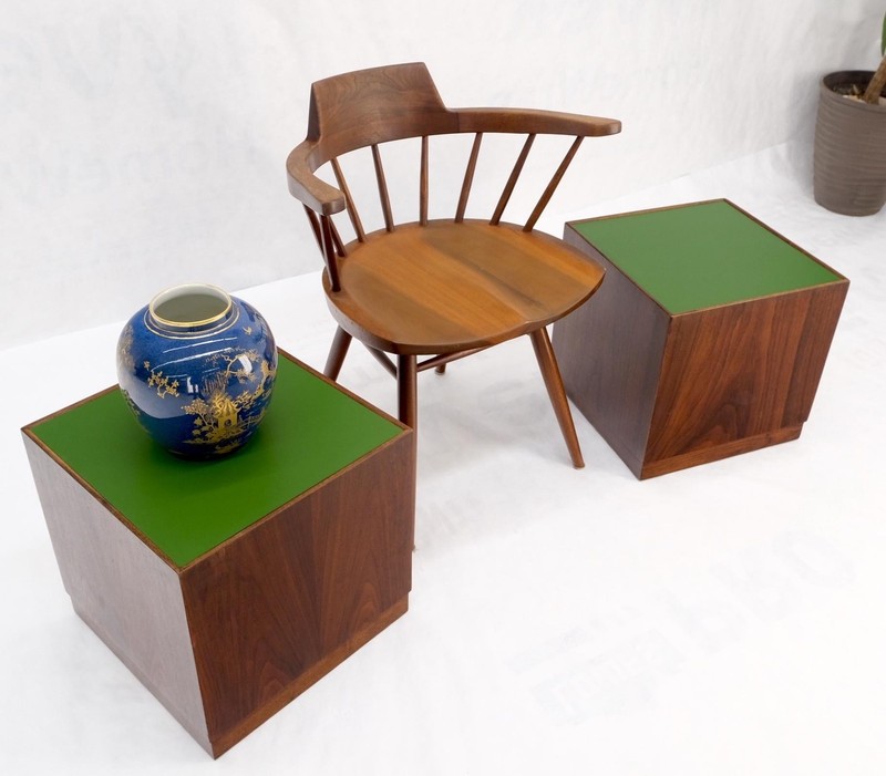 Pair of Cube Shape Walnut Mid-Century Modern End Side Occasional Tables Stands gallery