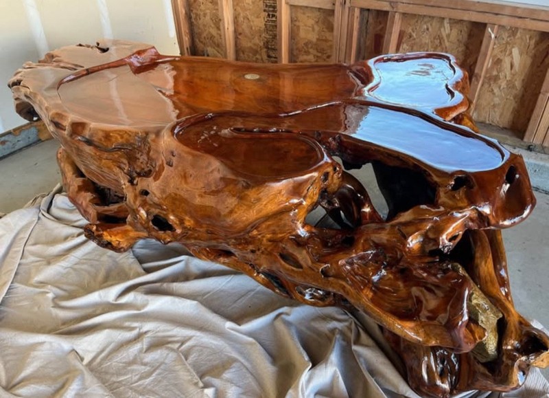 large ceremonial tea table with embedded rock gallery