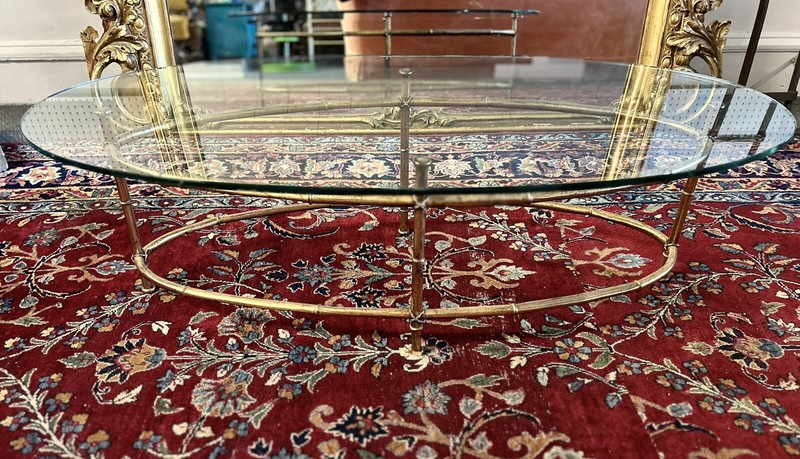 Vintage Hollywood Regency Brass Faux Bamboo Oval Glass Top Italian Coffee Table