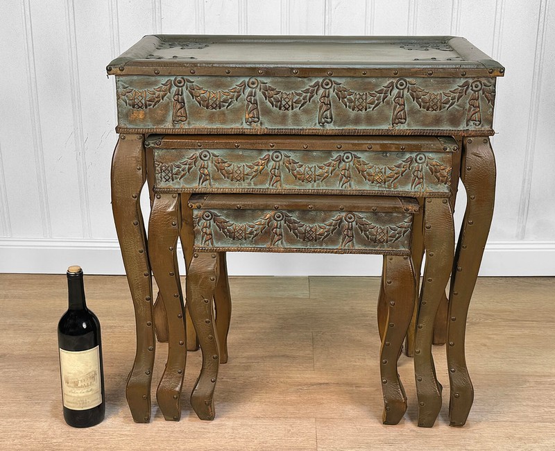 Vintage Traditional Rococo Leather Wrapped Nesting Tables - Set of 3 gallery