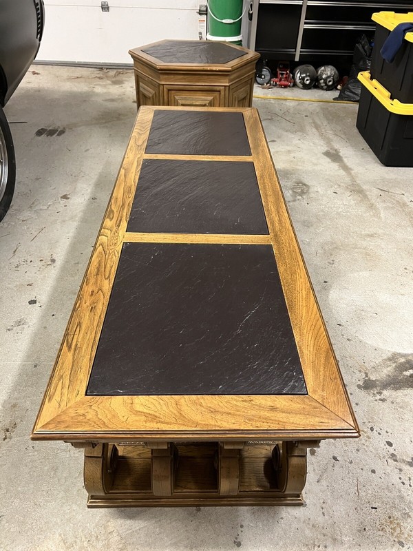 VINTAGE Oak Coffee Table and End Table Set with Slate Tray, 1960s gallery
