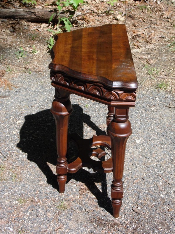 Vintage Jacobean Spanish Revival Style Solid Walnut Entry Table Demilune Table gallery