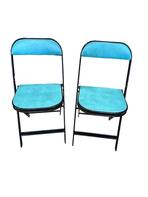 Vintage 1950s Aqua And Black Metal Folding 2 Chairs, Folding Table Chairs