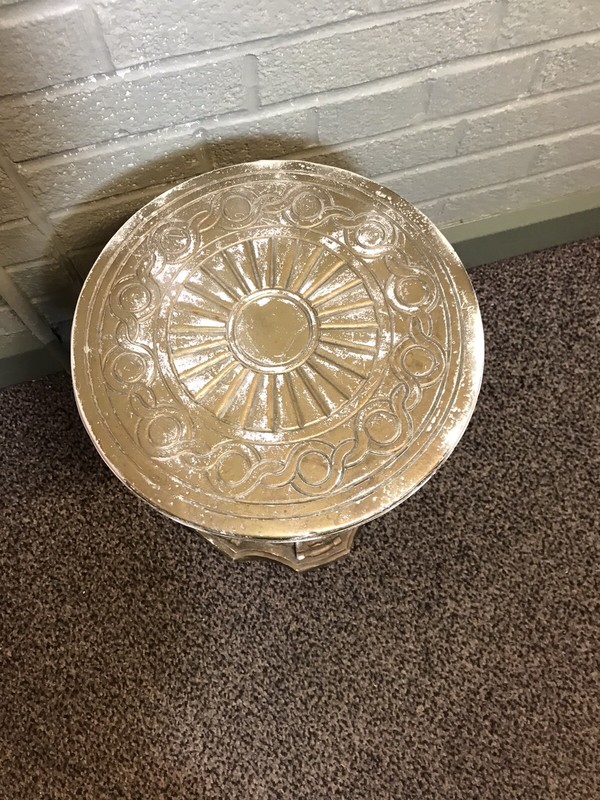 VINTAGE HEAVY PLASTER CEMENT GREEK ROMAN ROUND ORNATE PLANT STAND TABLE 11 X 16” gallery