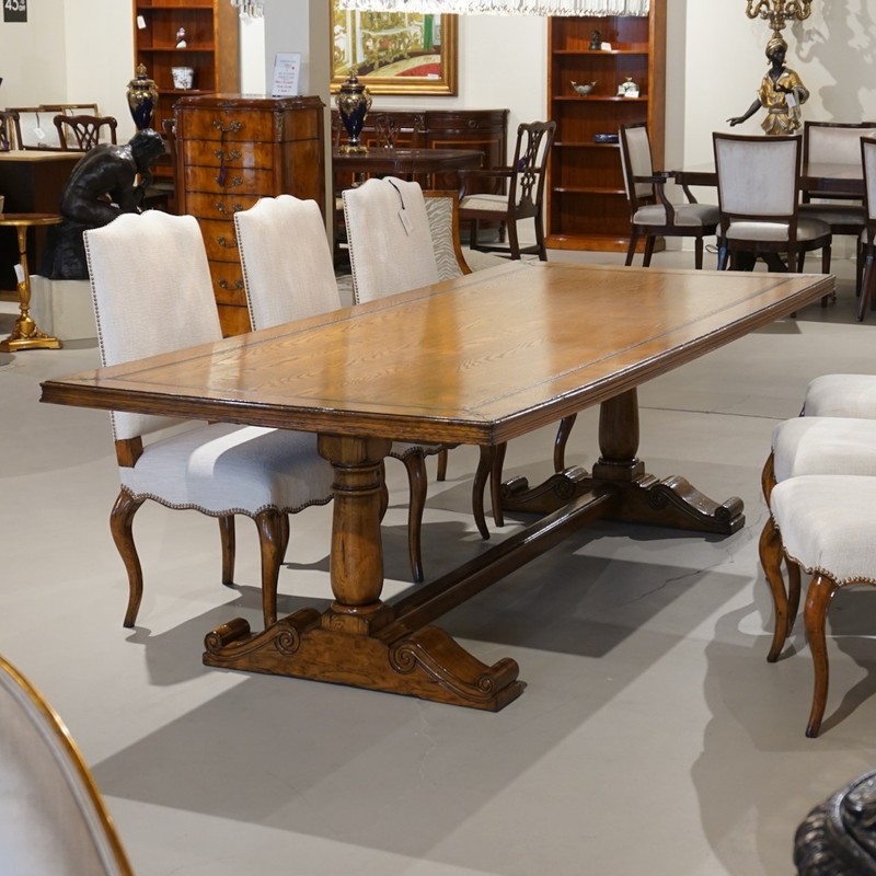 NO TARIFFS! Beautiful 9' French Country Oak wood Trestle Base Dining Table gallery