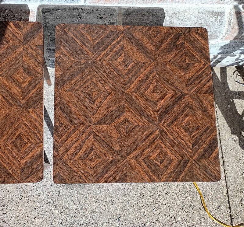 3 Vintage Mid Century Inlaid Look Woodgrain Laminate Stacking Nesting End Tables gallery