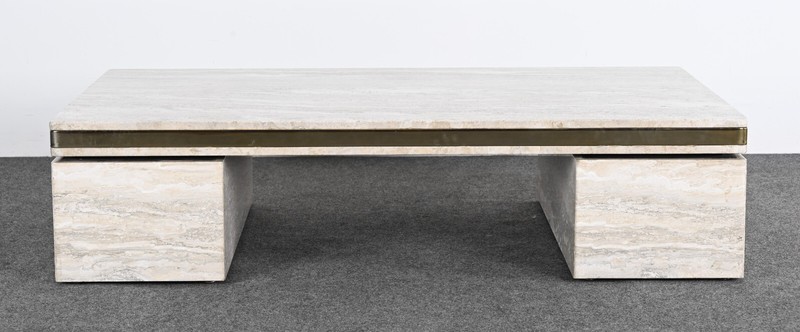Monumental Travertine and Stainless Steel Coffee Table manner of Karl Springer gallery