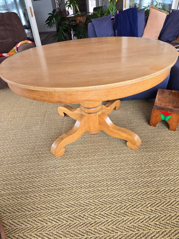 Antique Round Oak Dining Table with Pedestal Base and three 9"-wide Leaves gallery