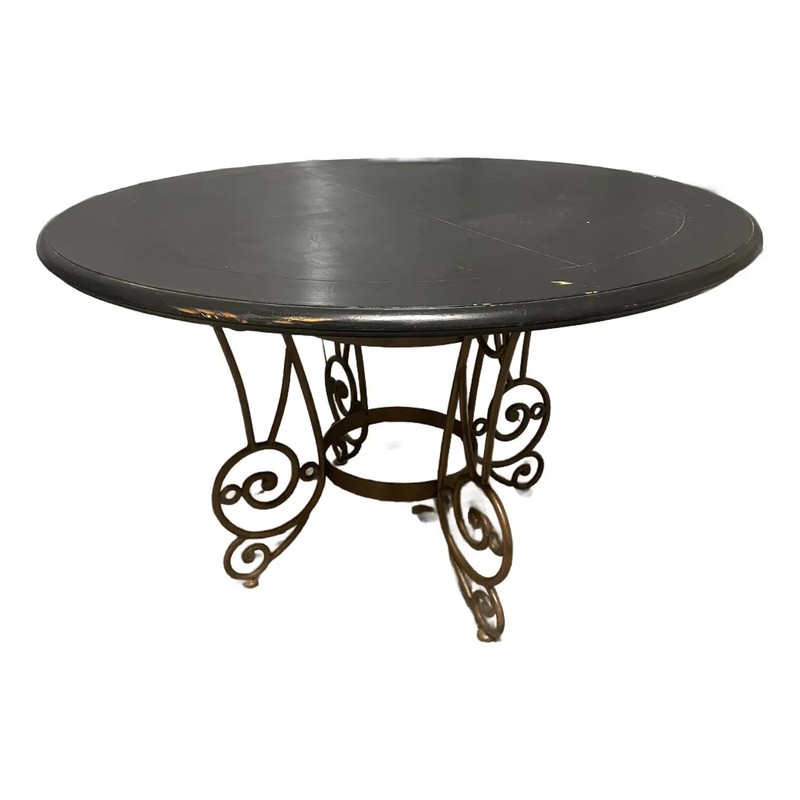 1990s Vintage Round-Top Dining Table With Iron Base