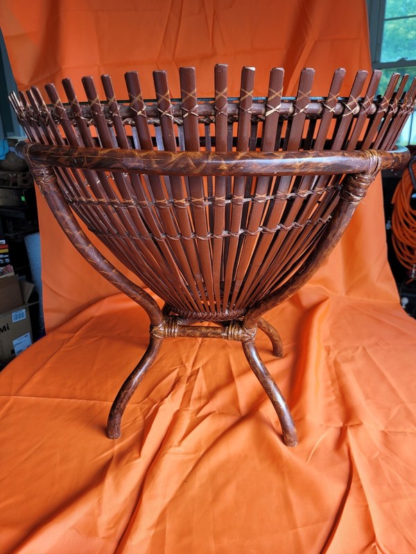 Vintage Rattan and Glass top fish Trap basket Side end Table Franco Albini style gallery