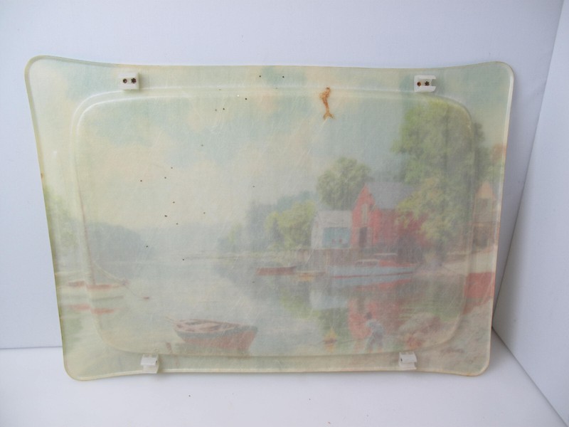 Quaker Industries vintage snack table fiberglass barn country scene tray restor gallery