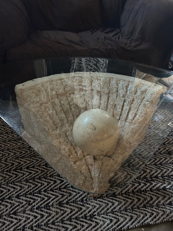 postmodern triangular antique stone coffee table with glass top