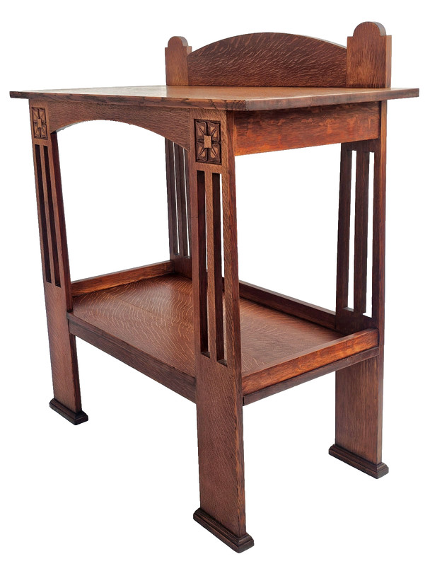 Antique Arts & Crafts Tiger Oak Console Table Attributed to Liberty & Co 1900s gallery