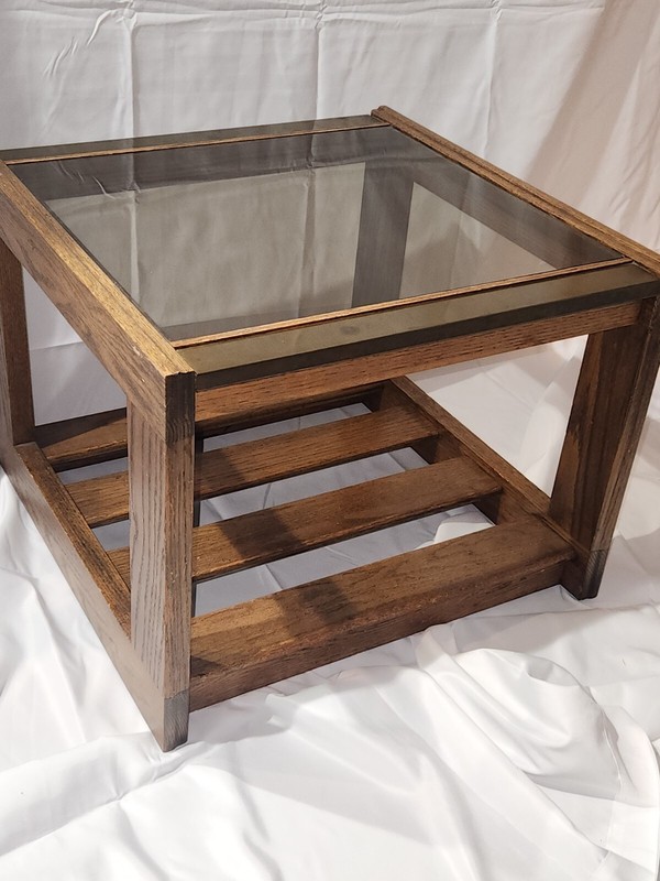 Vintage Mid Century Modern Smoked Glass & Brass End Side Table Mersman Atomic