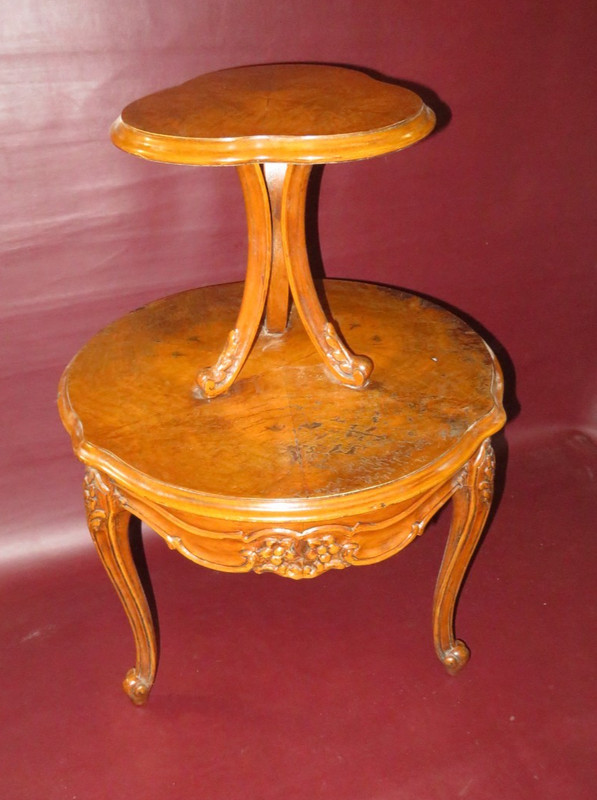 Antique 28.5" Tall American Burled Walnut Two-Tiered Occasional Table c. 1930 gallery