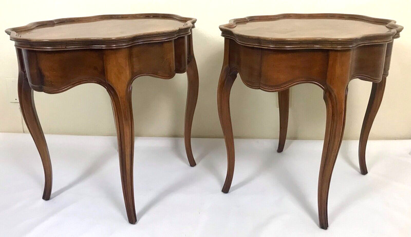 Vintage Pair Louis XV Solid Maple & Burl Inlaid Scalloped Edge Side End Table gallery