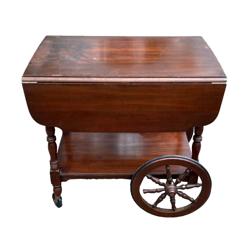 ANTIQUE WALNUT FINISH WOOD DROP LEAF TEA BAR SERVING CART VINTAGE - RARE!! gallery