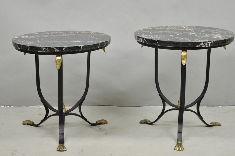 Italian Regency Round Marble Top Wrought Iron Brass Swan Low Drink Table - Pair gallery