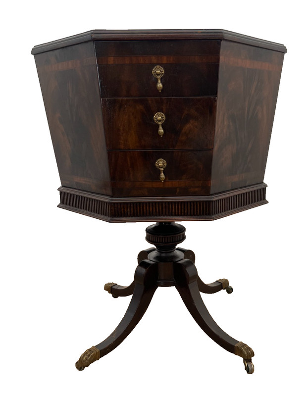 Antique Victorian Table Three Drawers Banded Mahogany Octagon Casters gallery