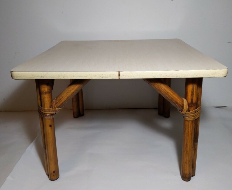 Vintage Retro Mid Century Modern Bamboo Cream Formica Top Side Table Boho Chic gallery