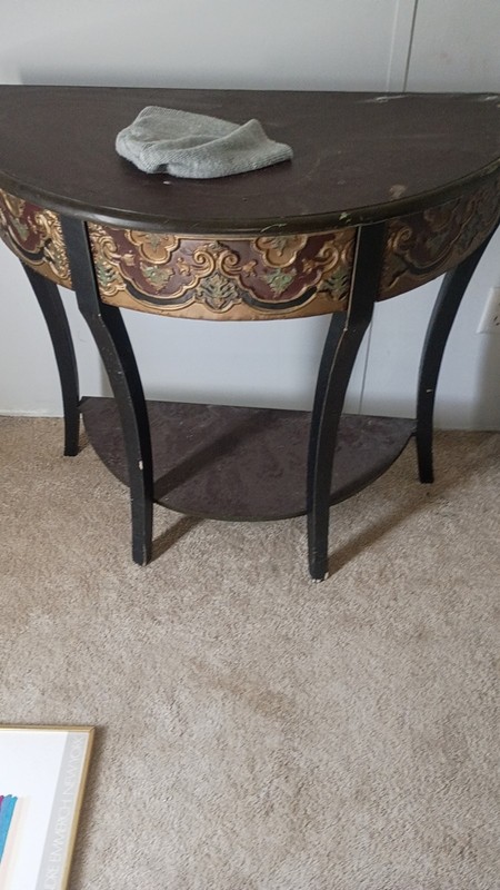 Antique Half-Round Wood Console Table with Carvings, Brown Black Gold