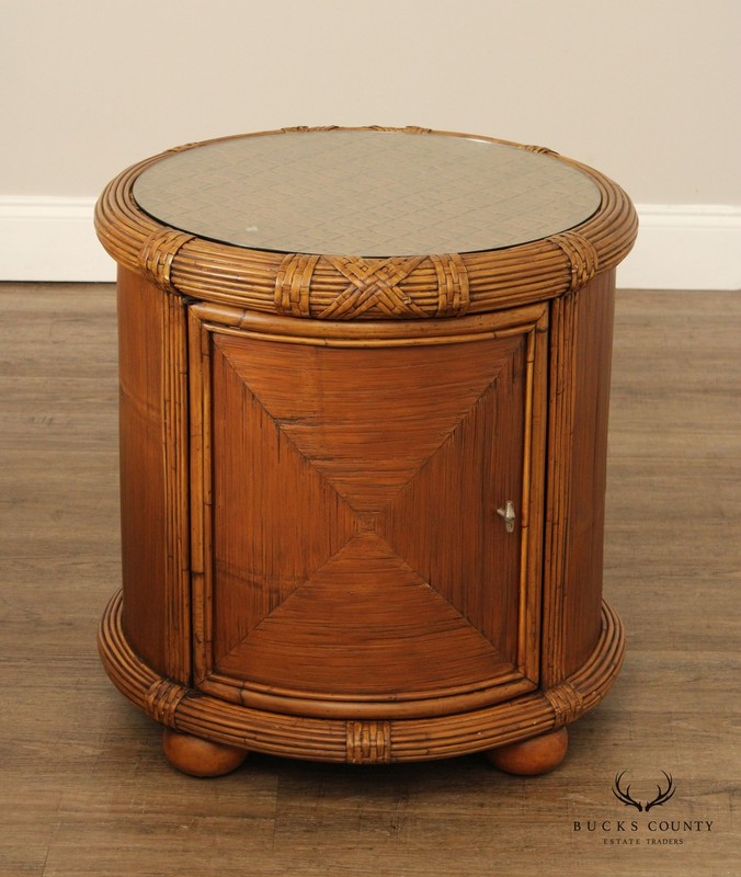 Bamboo and Rattan Circular Glass Top Drum Style Side Table gallery