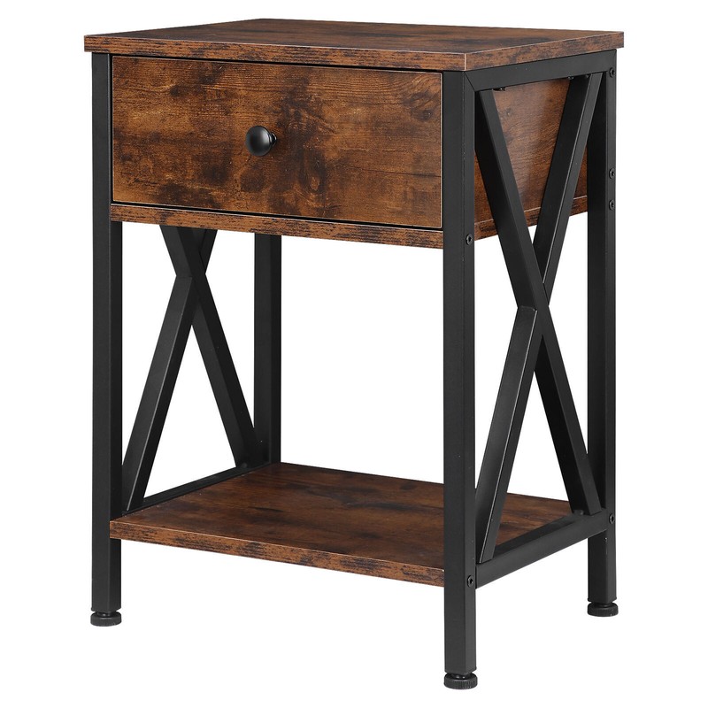 Set of 2 X-Design End Side Sofa Table Storage Shelf W/Drawer for Bedroon Brown gallery