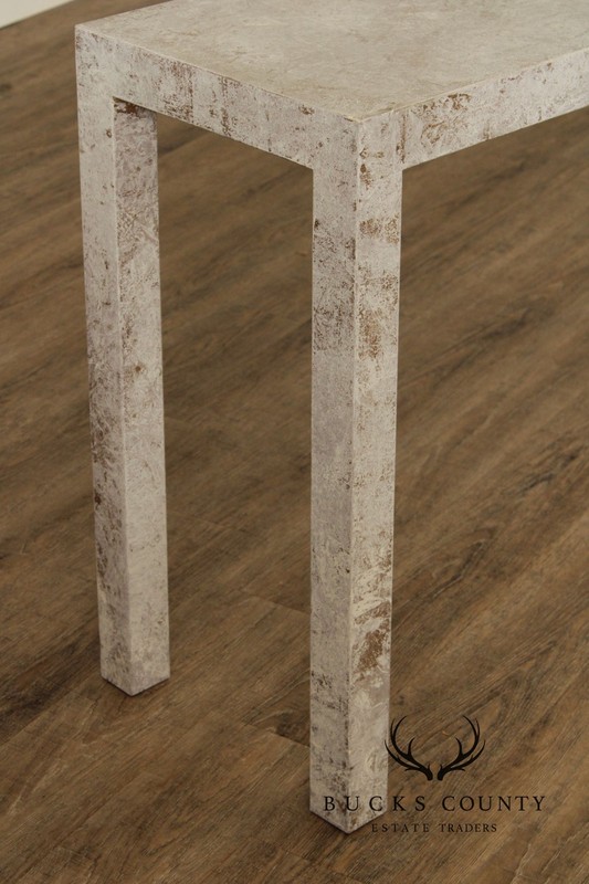 Mid Century Modern Cerused Painted Pair Of Burl Wood Parsons Console Tables gallery