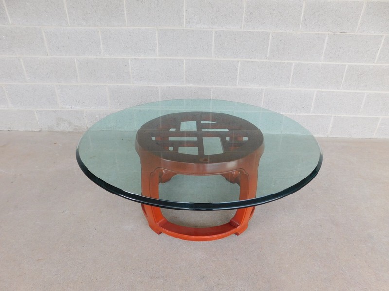 Henredon Pan Asian Collection Lacquered Base Glass Top Cocktail Table 40"w gallery