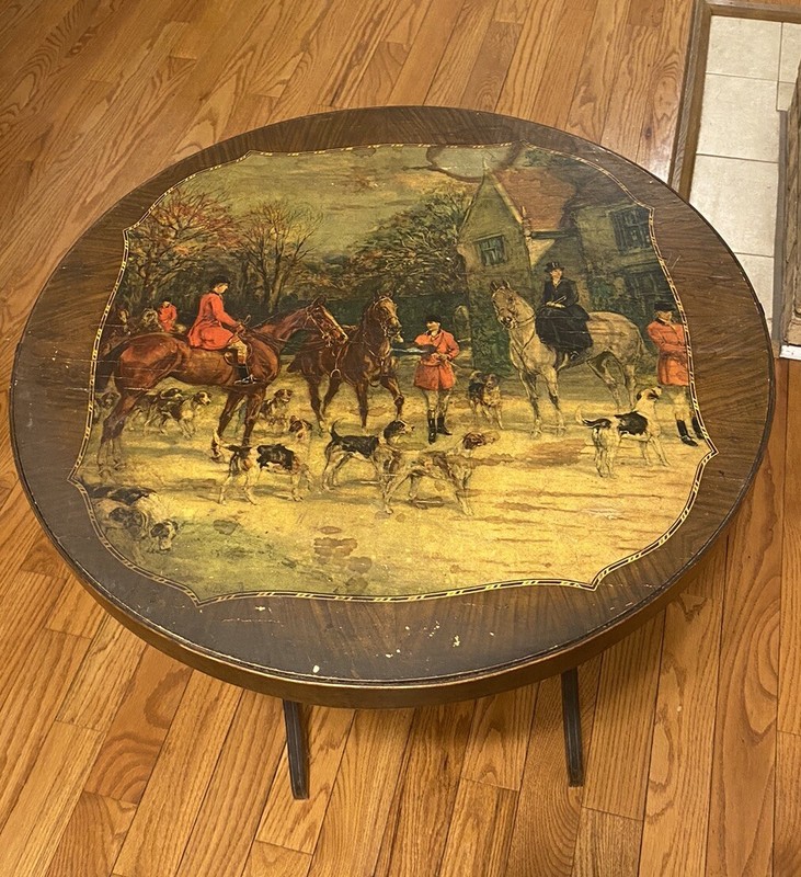 Vintage 1940s Round Walnut Folding Bridge Table Hunt Scene 28” Diameter