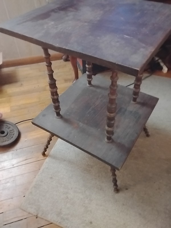 Vintage Antique Solid Oak Occasional Table With Thread Spool Legs gallery