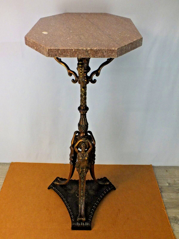 Neoclassical Marble Top Stand Table Bronze Brass with Cast Iron Polychrome Base gallery