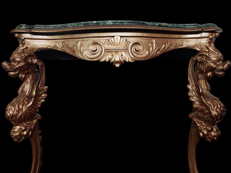 ANTIQUE LARGE FRENCH TABLE CONSOLE FIGURAL GARGOYLES CARVED GILT WOOD & MARBLE gallery