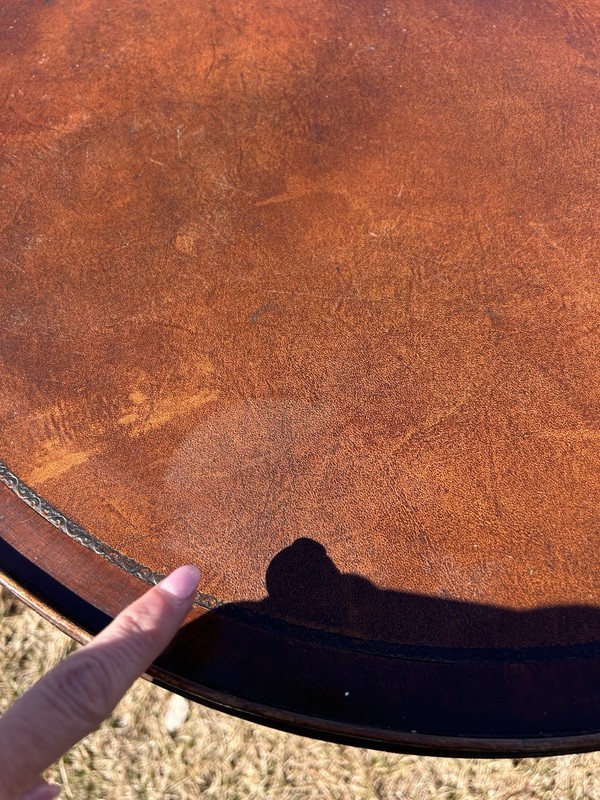Art Deco Mahogany Round Side Table Leather Top Inlay Occasional Vintage gallery