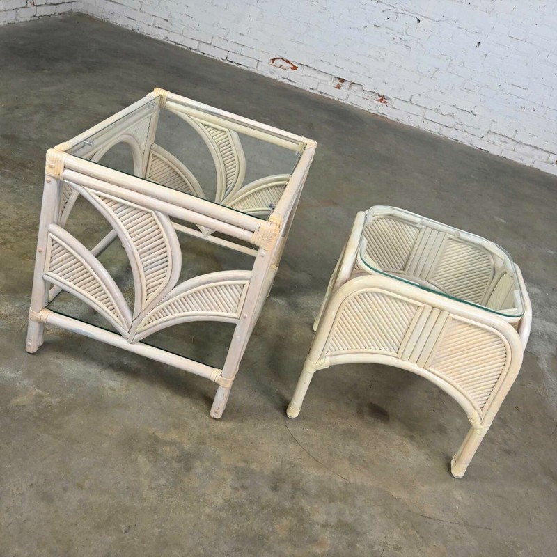 Pair Cerused Reeded Rattan End Tables Glass Tops Manner Gabriella Crespi gallery
