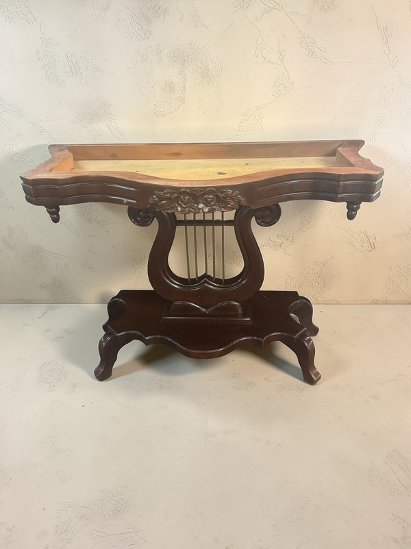 Vintage Marble Top Console Table – Solid Wood Lyre Base gallery