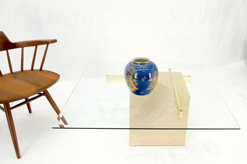 Travertine Cube Base Square Glass Top Italian Mid-Century Modern Coffee Table gallery