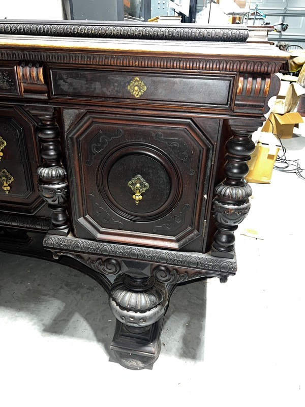 Antique Early 1900s Excel Mfg. Oak Jacobean Renaissance Revival 80” Sideboard gallery