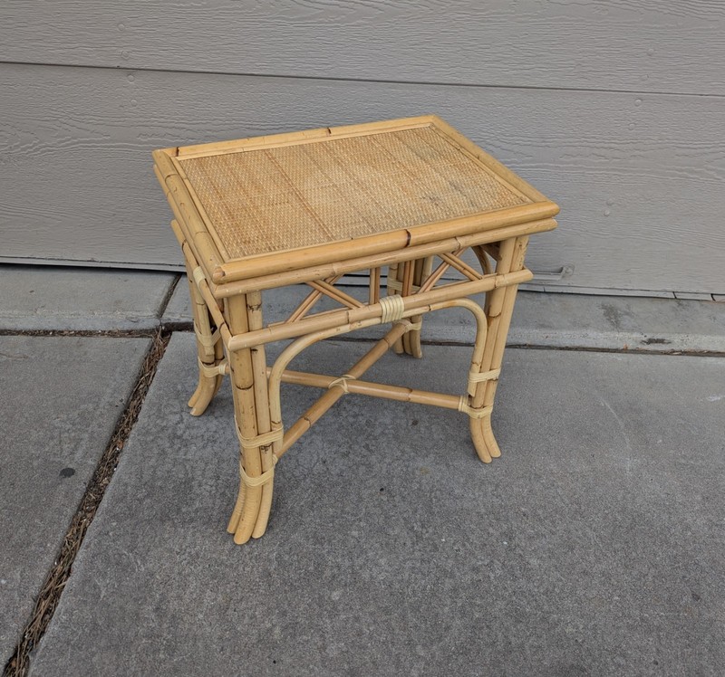 Vintage MCM Boho Chic Bamboo Wicker Rattan Cane Top End Table Tiki Coastal T63 gallery