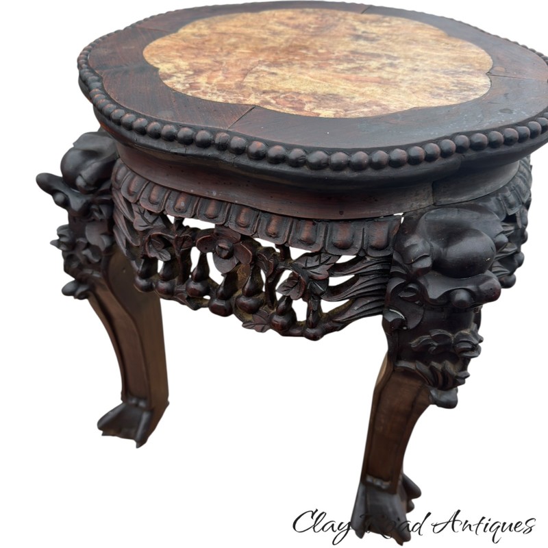 Antique Carved Chinese rosewood marble top parlor table plant stand small rose gallery