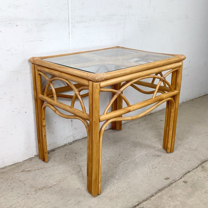 Vintage Rattan Bamboo Side Table Glass Top 1970s 1980s Boho Coastal MCM gallery