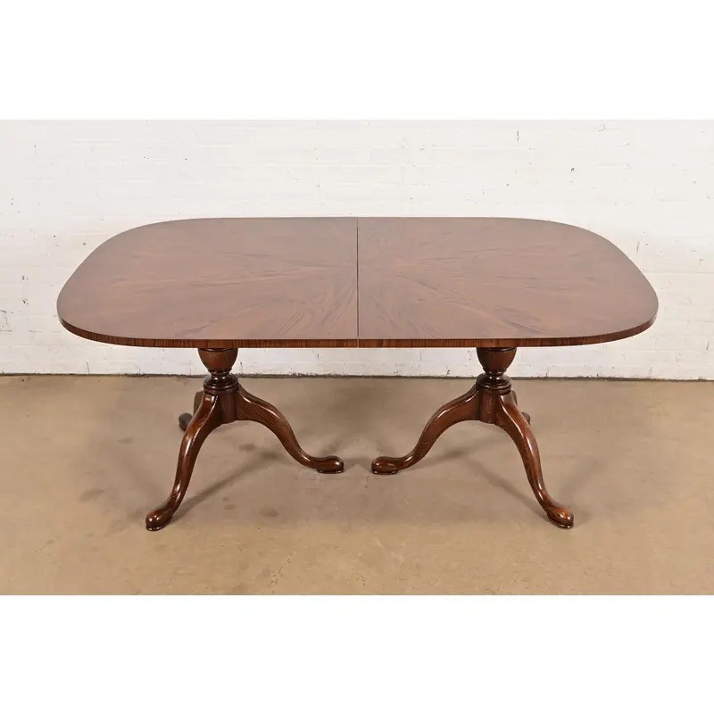 John Stuart Georgian Oak Pedestal Extension Dining Table, Newly Refinished gallery